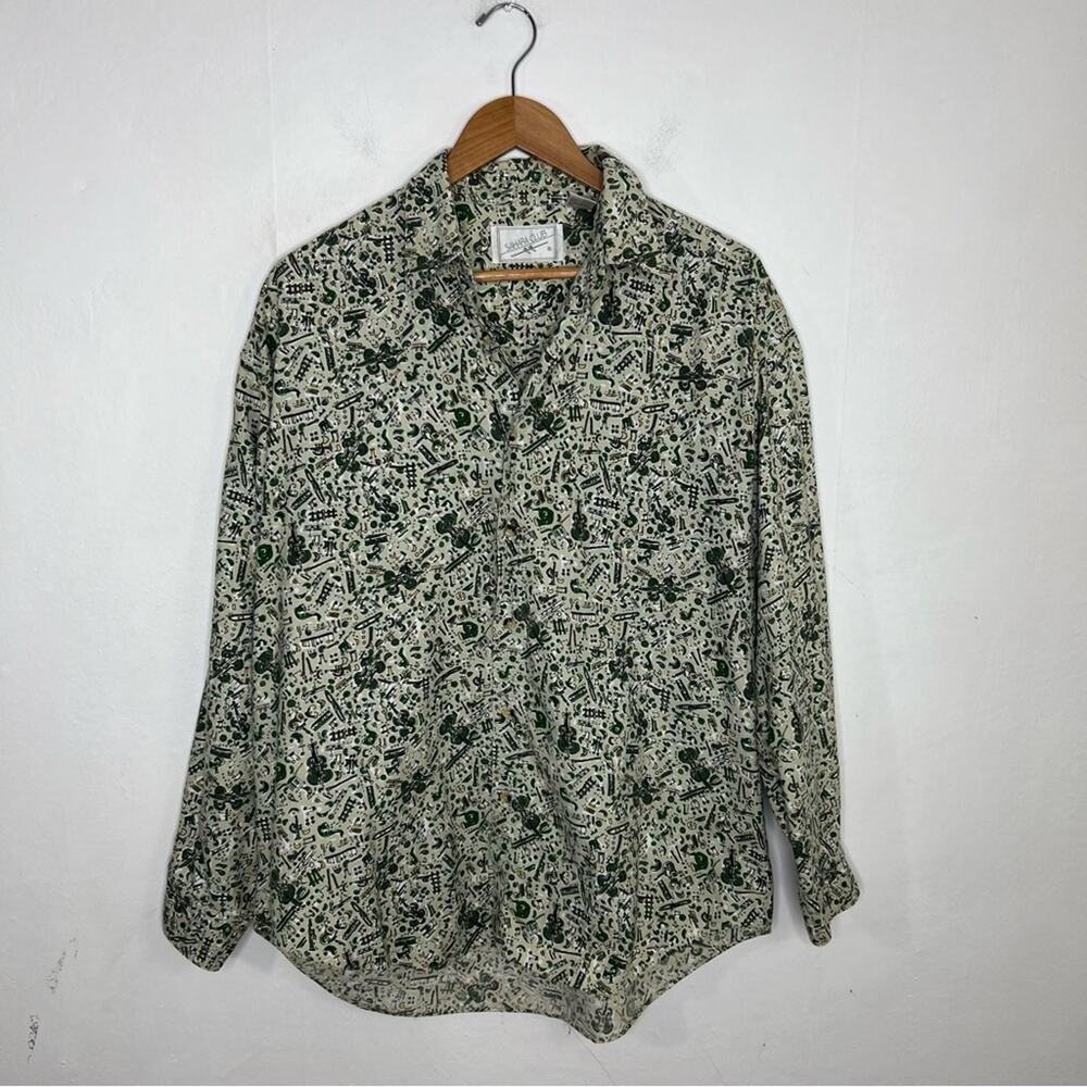 Vintage Sahara Club Band Camp Music Instruments Print Button Up Shirt Size M